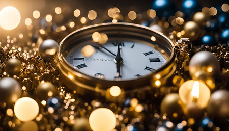 A close-up shot of a classic clock face set against a backdrop of festive gold and blue ornaments,...