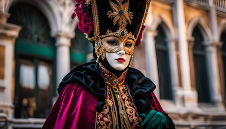 A Venetian carnival mask adorned intricately with gold embellishments and feathers. The mask is worn by a person dressed in a traditional costume. The red and black colors of the costume are in perfect harmony with the gold accents.の写真素材