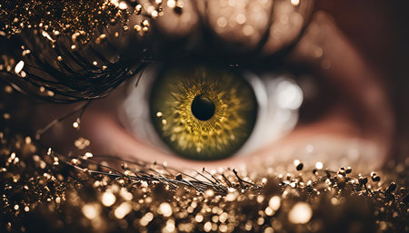 A close-up photograph of a green eye with gold glitter on the eyelashes and eyelid. The image is a macro shot, capturing the intricate details of the eye, including the pupil, iris, and lashes.の写真素材
