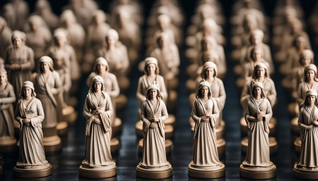 A close-up of many miniature statues of women standing together on a dark background. The statues are arranged in rows creating a visual effect of a crowd.の写真素材