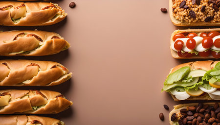 A colorful and delicious assortment of sandwiches, featuring various ingredients like tomatoes, cheese, lettuce, apple, eggs, nuts, and raisins, all arranged beautifully on a brown background.の写真素材