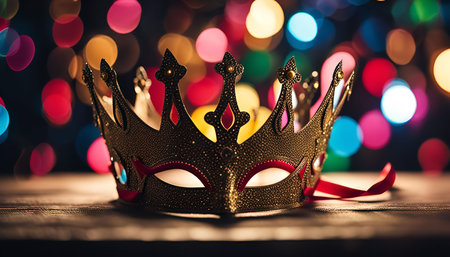 A golden crown mask with red ribbons on a wooden surface with colorful bokeh lights in the background.の写真素材