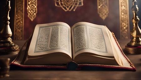 An open Quran book lies on a wooden table with two golden candlesticks on either side, creating a...