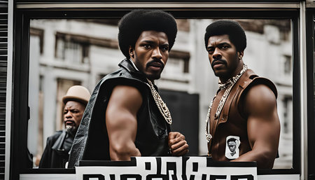 Two men wearing leather jackets stand in front of a window. Both men have dark skin and short, curly hair. The man on the right is wearing a brown vest and multiple chains, while the man on the left is wearing a black leather jacket and a white t-shirt. They are looking directly at the camera.の写真素材