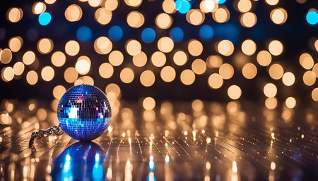 A shiny disco ball sitting on a dark floor with blurry bokeh lights in the background, creating a festive and energetic atmosphere.の写真素材