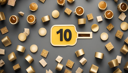 A flat lay arrangement of various golden objects surrounding a yellow sign with the number 10 on a gray background.の写真素材