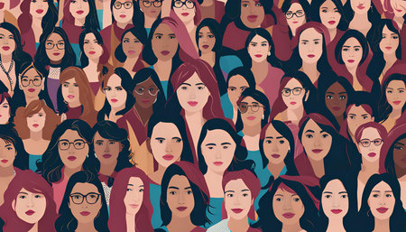 A colorful and vibrant illustration featuring a diverse group of women's faces, showing the beauty and strength of individuality.の写真素材