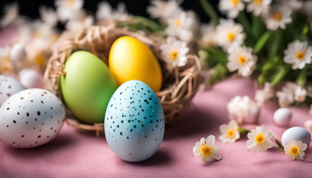 Colorful Easter eggs with a floral arrangement on a pink tablecloth, ready for the celebration