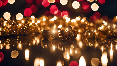 Close-up shot of golden Christmas baubles reflecting on a dark surface with warm bokeh lights in the...