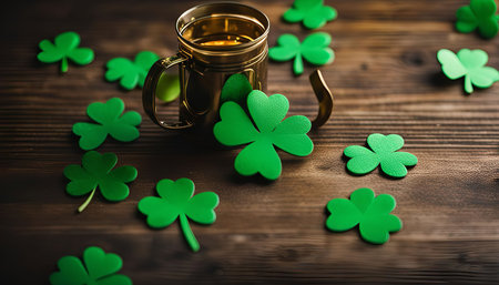 A golden mug sits on a wooden table surrounded by green shamrocks, a classic representation of St. Patrick's Day.の写真素材