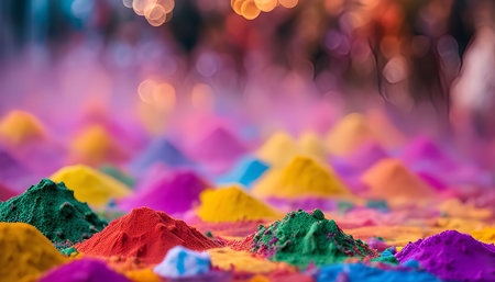 A close-up shot of a vibrant display of Holi powder, the colorful powder used during the Indian festival of Holi. The image captures the joy and exuberance of the celebration.の写真素材