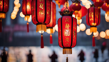 Red Chinese lanterns hanging in the night, glowing with warmth and light, a symbol of celebration...