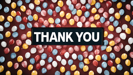 A colorful background of balloons with a black sign that reads 'Thank You' in white text.の写真素材