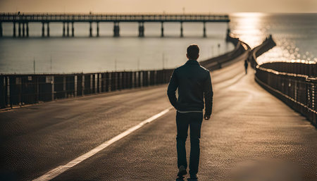 A man walks down a bridge on a sunny day with the sea and horizon in the distanceの写真素材