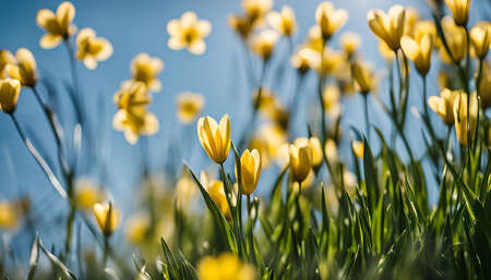 A vibrant field of yellow flowers in full bloom against a blue sky. The image showcases the beauty of nature and the joy of springtime.の写真素材