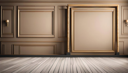 A modern interior design with a large golden frame on a wall with intricate paneling. The space is minimalist and luxurious, perfect for showcasing artwork or a decorative element.の写真素材