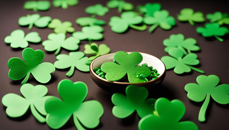 A close-up shot of shamrocks, the iconic symbol of St. Patrick's Day, arranged on a dark surface....
