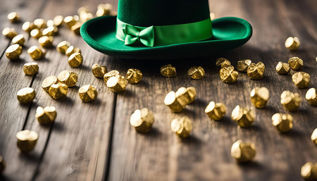 A green leprechaun hat lies on a wooden table, surrounded by golden shamrocks. A classic symbol of Irish luck and good fortune.の写真素材