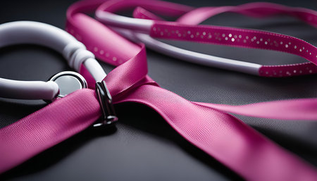 Close up shot of a pink ribbon, a symbol of breast cancer awareness, tied around a white object