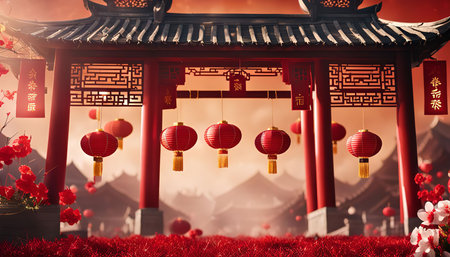 A traditional Chinese archway decorated with red lanterns, symbolizing good fortune and prosperity for the new year.の写真素材