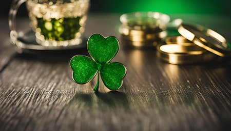 A green shamrock leaf sits on a wooden surface, symbolizing St. Patrick's Day and Irish luck.の写真素材