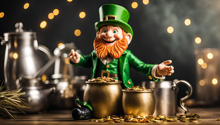 A friendly leprechaun wearing a green hat smiles while holding two pots of gold coins. A few teapots and a sprig of pine add to the rustic, whimsical scene.の写真素材