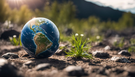 A miniature globe of the Earth rests on the ground, symbolizing our planet and its delicate ecosystem.の写真素材