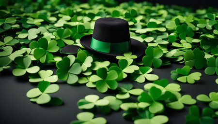 A black leprechaun hat sits amongst a bed of green shamrock leaves. The hat is a symbol of Irish...