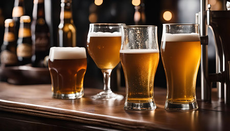 Four glasses of beer are lined up on a bar counter. The glasses are different sizes and styles, and they are all filled with a golden-brown liquid and topped with foam.の写真素材