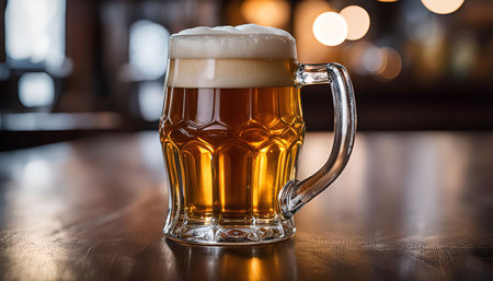 A refreshing glass of beer with a thick head of foam sits on a wooden table in a bar or pub setting.の写真素材