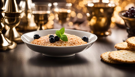 Close-up view of a delicious dessert with blueberries and mint in a white plate on a wooden table....