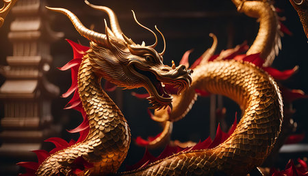 Close up of a golden dragon statue with intricate details. The dragon's scales are visible and its sharp claws and teeth are prominent.の写真素材