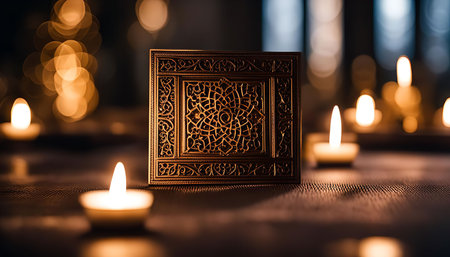 A close-up of a beautifully crafted ornamental box with intricate designs, bathed in the warm glow of candlelight. The soft, warm light creates a mystical and spiritual atmosphere.の写真素材