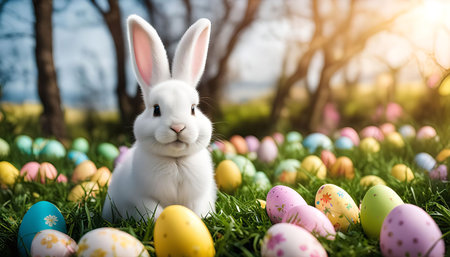A white bunny sits amongst a field of colorful Easter eggs, surrounded by vibrant green grass. The bunny looks directly at the camera with a sweet, playful expression.の写真素材