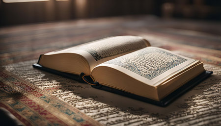 An open Quran on a prayer rug. The book is an important part of Islamic faith and tradition.