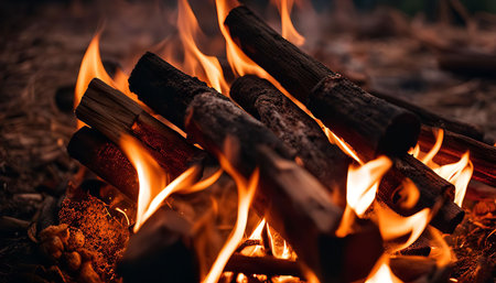 Close-up image of burning logs in a campfire, showing vibrant flames and glowing embers. The warmth and energy of the fire are captured in this close-up shot.の写真素材