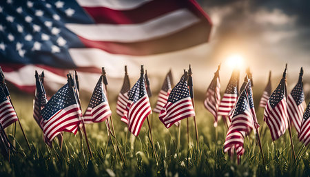 A vibrant display of American flags standing proudly in a field of lush green grass, illuminated by...