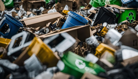 A close-up of a pile of recycling bins and cardboard boxes, highlighting the importance of proper waste disposal.の写真素材