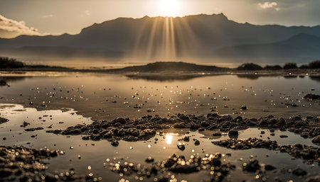 A breathtaking landscape with mountains in the background, a lake in the foreground, and the golden rays of the sunset casting a warm glow over the scene.の写真素材