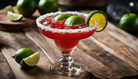 A close-up of a red cocktail, likely a margarita, garnished with lime wedges and a lime slice. The cocktail is served in a margarita glass with a salted rim and ice. The drink is refreshing and perfect for summer.の写真素材