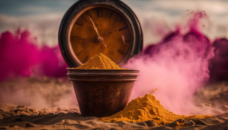 A close-up shot of a bowl of turmeric powder on a dusty surface with pink smoke in the background and a vintage clock.の写真素材
