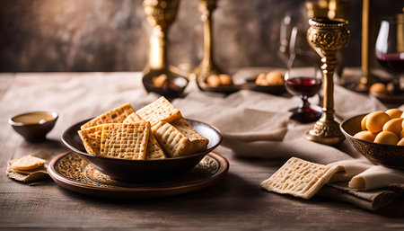 A traditional Passover Seder plate with matzah, wine cups, and other symbolic foods.
