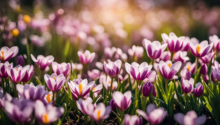 A close-up shot of a field of purple and white crocuses blooming in the springtime sun. The delicate...
