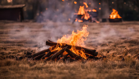 A close-up shot of a campfire in the woods. The flames are dancing high and the logs are burning...