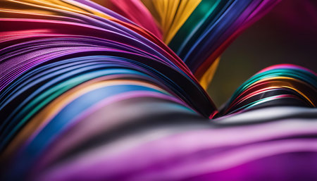 A vibrant abstract image featuring a swirl of colorful paper. The paper is folded and curved into a...
