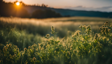 A close-up of a field of grass illuminated by a golden sunset. The sun is setting over a distant...