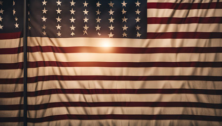 A close-up image of the American flag waving in the wind, showing its iconic stars and stripes, with a warm light shining through the fabric.の写真素材