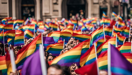 A vibrant and joyous scene of a pride parade, where a sea of people wave rainbow flags, celebrating love, diversity, and equality.の写真素材