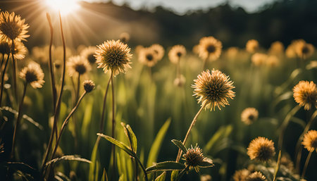 A close-up view of a field of wildflowers bathed in the warm glow of the golden hour, capturing the delicate beauty of nature's simple wonders.の写真素材