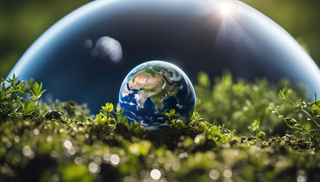 A miniature globe of the Earth sits in a bubble on a bed of lush green grass, symbolizing the fragile nature of our planet and the need for protection.の写真素材